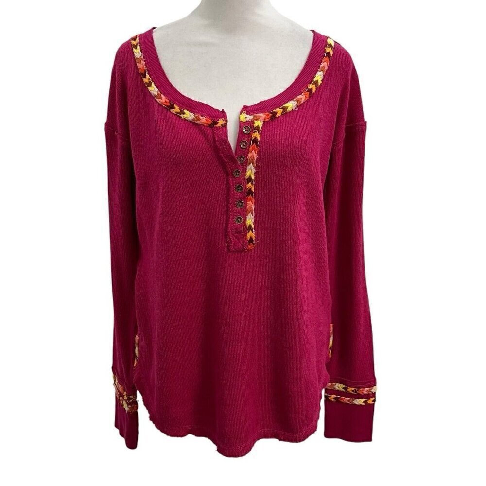 Free People Rainbow Embroidered Waffle-Knit Thermal Henley Top Magenta sz Small